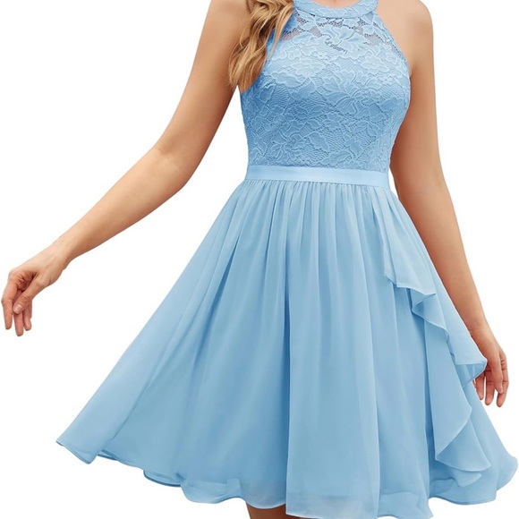 Elegant Blue Lace & Chiffon Dress - Picture 3 of 6